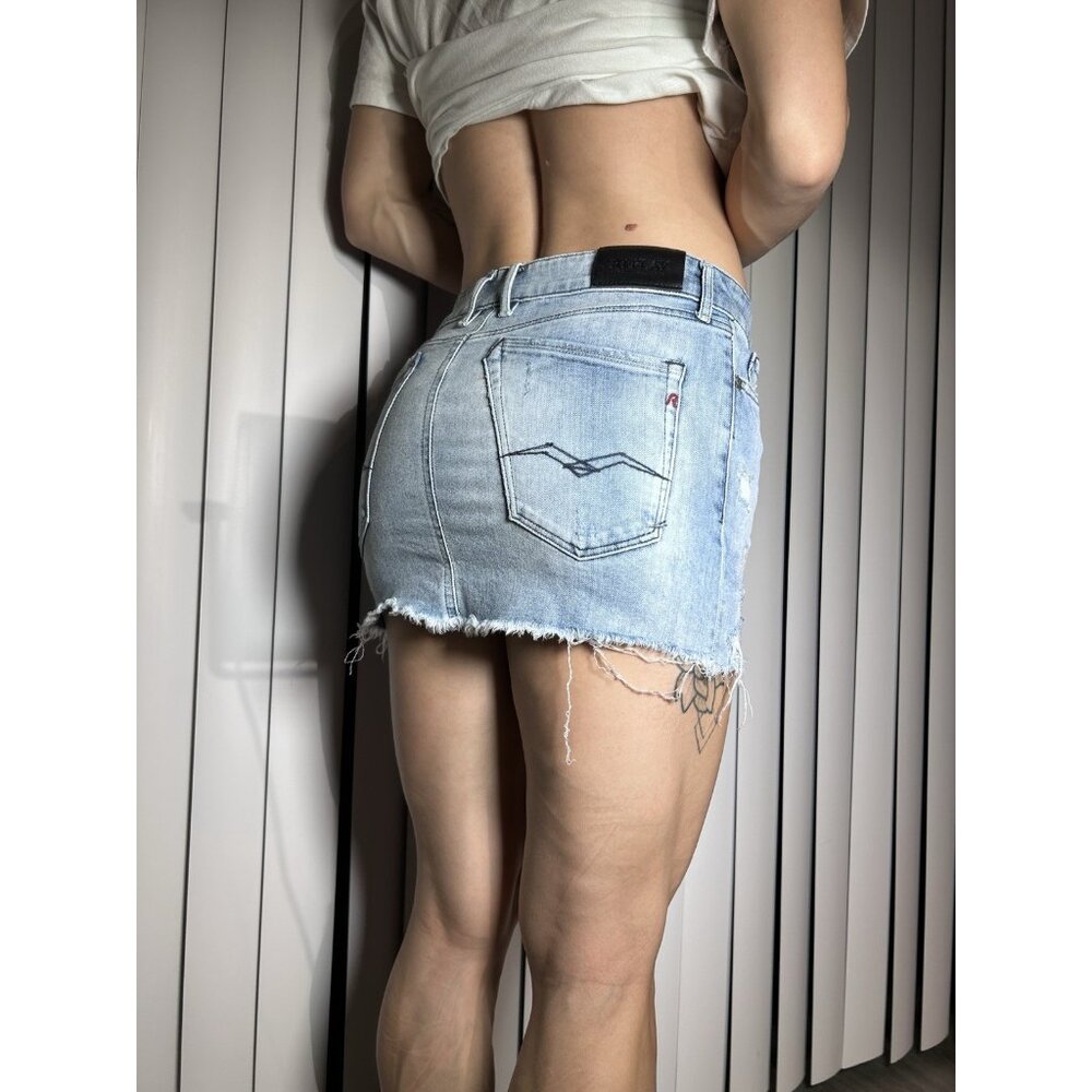 REPLAY Distress Fade Blue Denim Jean Mini Skirt  zip pockets sz S